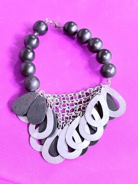 Bold Black Beaded Statement bracelet with Silver  hand made chain link